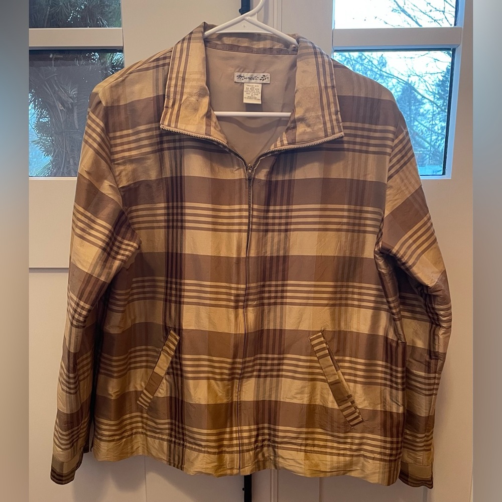 Vintage 100% silk jacket Mureli medium tan plaid blazer full zip gold accents
